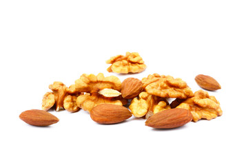 Healthy walnuts and almond isolated on white background