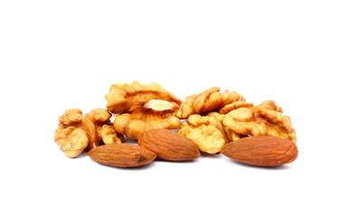 Healthy walnuts and almond isolated on white background