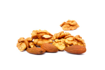 Healthy walnuts and almond isolated on white background