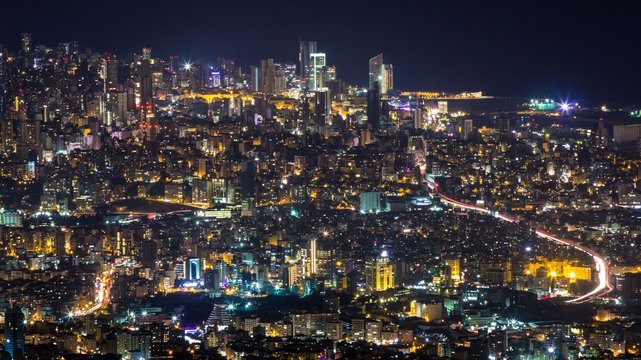 Modern City Aerial View By Night. Beirut Cityscape.