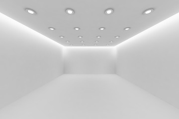 Empty white room with small round ceiling lamps.