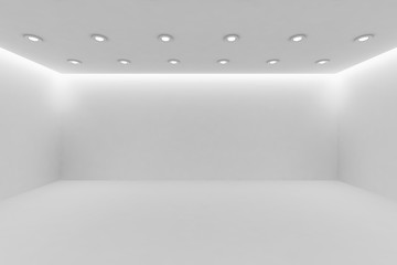 Wide empty white room with small round ceiling lamps