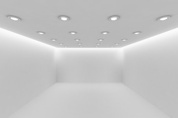 Empty white room with small round ceiling lamps perspective view