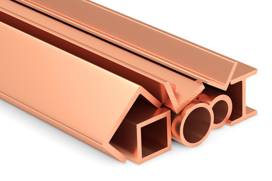 Shiny rolled copper metal products on white.