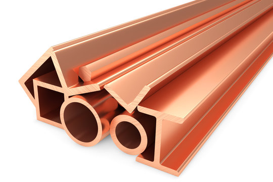 Shiny rolled copper metal products on white
