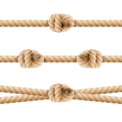 Realistic Rope Line Eith Knot. Yellow Twisted Ropes Set, Isolated On White Background. Vector Illustration