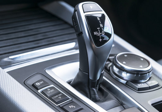 Automatic Gear Stick Of A Modern Car, Car Interior Details