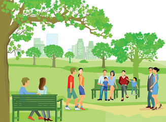 Menschen gehen spazieren in der Parkanlage