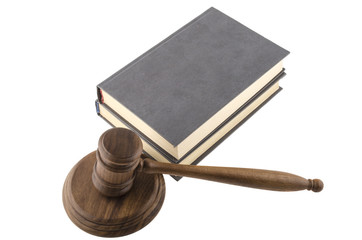 Law theme, mallet of judge, wooden gavel, books