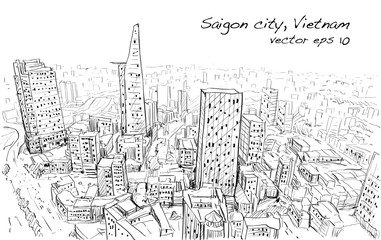 Sketch cityscape of Saigon city ( Ho Chi Mihn ) Vietnam show skyline and building, illustration vector