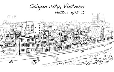 Obraz premium Sketch cityscape of Saigon city ( Ho Chi Mihn ) Vietnam show skyline and building, illustration vector