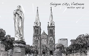 Sketch cityscape of  Ho Chi Minh city show Saigon Notre-Dame Cathedral Basilica, illustration vector