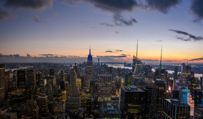 Aerial view of Manhattan Skyline at sunset - New York, USA