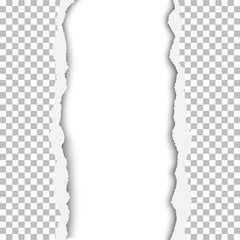 Vector ragged vertical lane in transparent and checkered paper sheet. Background of the resulting window is white. Edges of the hole have soft shadow. Template paper design.