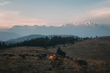 wild camp on dusk light in the Andes