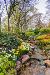 Spring landscape with a water creek in dutch spring Keukenhof Gardens