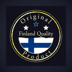 Gold grunge stamp with the text Finland quality and original product. Label contains Finland flag.