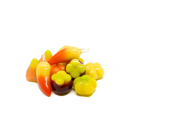 Thai dessert, deletable imitation fruits or Kanom Look Choup isolated on white background