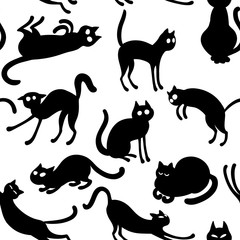 Vector seamless pattern with black cartoon cats
