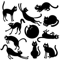 Vector set of 10 black cats in cartoon style