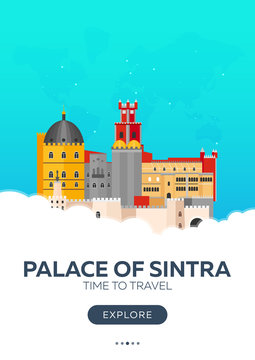 Portugal. Palace of Sintra. Time to travel. Travel poster. Vector flat illustration.