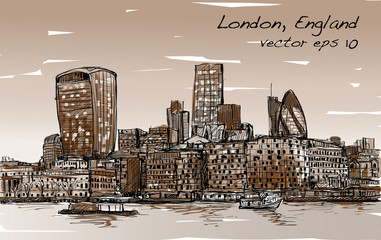 Sketch city scape in London England show skyline and building beside thames river in Sepia tone, illustration vector