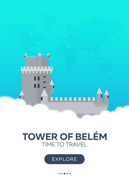 Portugal. Tower of Belem. Time to travel. Travel poster. Vector flat illustration.