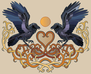 Vector illustration of ravens and heart Celtic ornament colorful