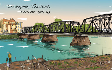 Sketch of cityscape show iron bridge in Chiangmai Thailand, illustration vector