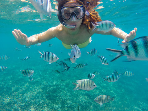 Young woman snorkeling with the fishes in sea of Malaysia