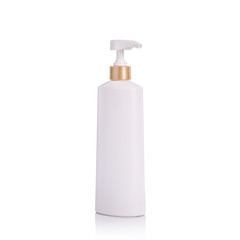 Blank white pump plastic bottle used for shampoo or soap. Studio shot isolated on white