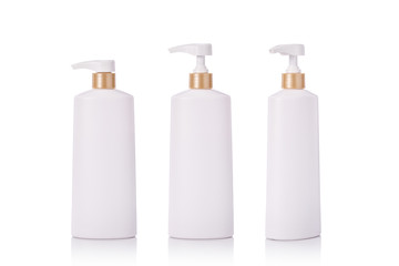 Blank white pump plastic bottle used for shampoo or soap. Studio shot isolated on white