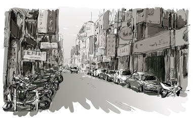 sketch of cityscape in Taiwan show urban street view market in Taipei, illustration vector