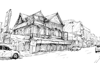 Sketch of cityscape in Thailand show old building on street asia style, illustration vector