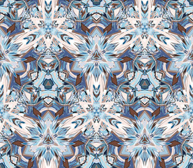 Kaleidoscope seamless pattern. Composed of color abstract shapes located on white background. Useful as design element for texture and artistic compositions. - 140105610