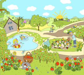 Child illustration. Summer picture in the garden, in the country, on the nature. Warm day, fly butterflies, growing strawberries.
Children rest, sunbathe, water the flowers, bathe in the pond