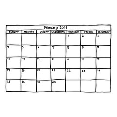 calendar February 2018 - vector illustration sketch hand drawn with black lines, isolated on white background