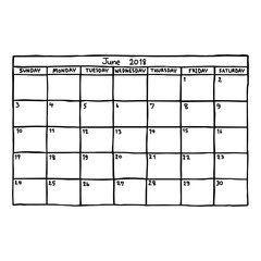 calendar June 2018 - vector illustration sketch hand drawn with black lines, isolated on white background