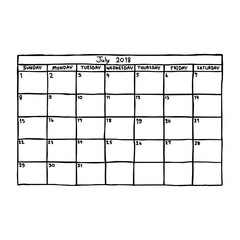 calendar July 2018 - vector illustration sketch hand drawn with black lines, isolated on white background