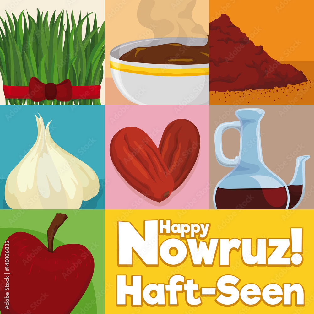 Wall mural Squared Design with Elements for Traditional Table Setting in Nowruz, Vector Illustration