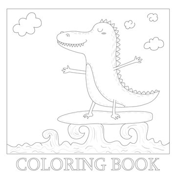 coloring book with cute surf crocodile afloat vector illustration