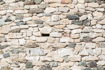 Ancient antique stone wall of medieval monastery or fortress. vintage background texture of masonry stone cement with cracks. Building facade.