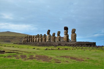 Long shot of a row of Moai sculptures at the Tongariki platform in Easter Island, Rapa Nui, Chile,...