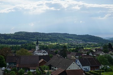 Fototapeta na wymiar Landschaft und Häuser in der Schweiz