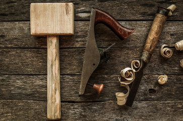 Carpentry tools on an old board table