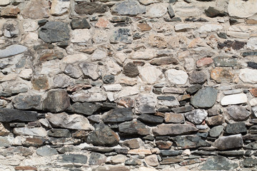 Ancient antique stone wall of medieval monastery or fortress. vintage background texture of masonry stone cement with cracks. Building facade.