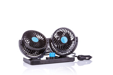 Black mini fan use in the car. studio shot isolated on white