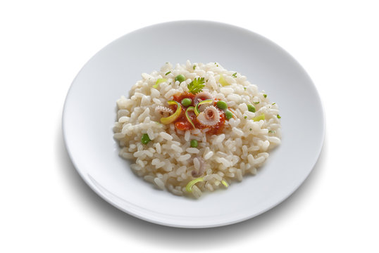 Dish with rice salad with shrimp and tomato