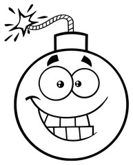 Black And White Smiling Bomb Face Cartoon Mascot Character With Expressions. Illustration Isolated On White Background