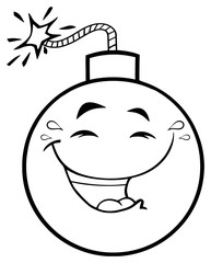 Black And White Happy Bomb Face Cartoon Mascot Character With Smiling Expressions.  Illustration Isolated On White Background
